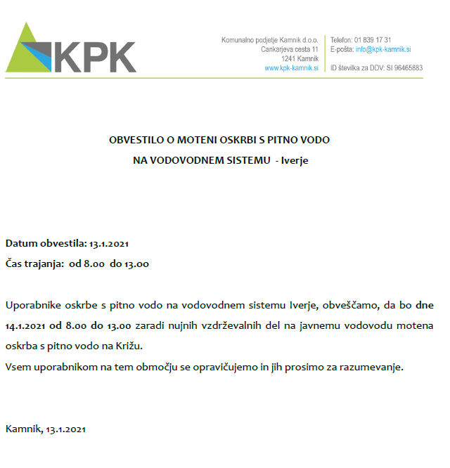 MOTENA OSKRBA Z VODO NA KRIŽU - Obvestilo